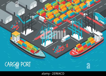 Porto marittimo con navi da carico piene di scatole e contenitori illustrazione vettoriale isometrica 3d Illustrazione Vettoriale