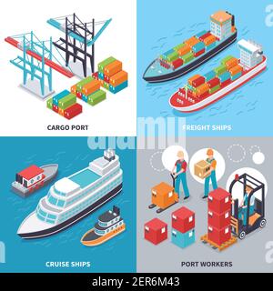 Concetto di progettazione isometrica 2x2 con navi da trasporto e da crociera e. lavoratori di porti marittimi isolati su sfondo colorato illustrazione vettoriale 3d Illustrazione Vettoriale