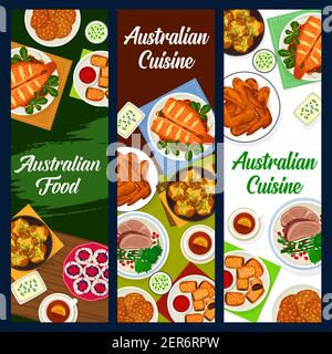 Cucina australiana vettore bbq ali di pollo, panna acida e salsa di cipolla verde, con biscotti anzac di farinata d'avena. Pesce persico al forno e manzo con verdure, Illustrazione Vettoriale