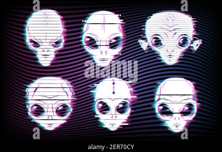 Facce o teste alieni con effetti glitch digitale insieme vettoriale di UFO e spazio design. Emiji marziani alieni di mostri extraterrestri con grandi occhi A. Illustrazione Vettoriale