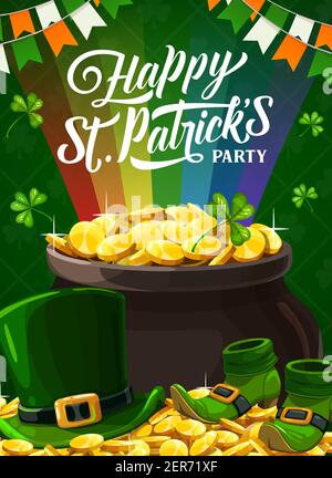 Happy St. Patricks party poster con leprechaun monete d'oro, cappello verde e shamrock trifoglio, scarpe e arcobaleno. Festa di San Patrizio irlandese t Illustrazione Vettoriale