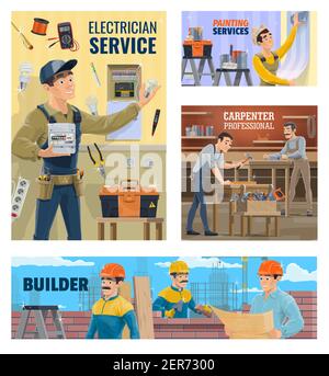 Servizio di elettricista e pittura, banner costruttore e falegname. Elettricista che installa contatore di energia, stanza di wallpapering del lavoratore e carpentieri che lavoro i Illustrazione Vettoriale