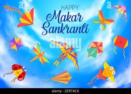 Happy Makar Sankranti giorno, raccolto festival sfondo con aquiloni. Indiano e Nepal indù calendario vacanze, solstizio inverno induismo festival banner w Illustrazione Vettoriale