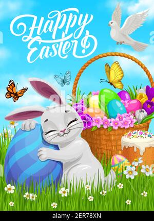 Felice vettore di Pasqua poster, cartone animato coniglio abbraccio dipinto uovo sul prato con cesto pieno di fiori stand su erba verde, colomba e farfalle. Hol Pasqua Illustrazione Vettoriale