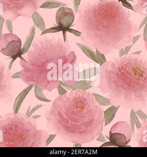 Fiori di peonie rosa acquerelli. Splendido motivo floreale senza cuciture. Acquerello mano disegnato illustrazione botanica primavera su sfondo rosa pastello. PR Foto Stock