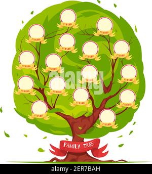 Modello ad albero genealogico con cornici rotonde per ritratti di famiglia membri su sfondo verde fogliame illustrazione vettoriale Illustrazione Vettoriale