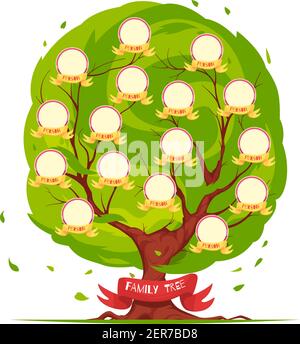 Modello ad albero genealogico con cornici rotonde per ritratti di famiglia membri su sfondo verde fogliame illustrazione vettoriale Illustrazione Vettoriale