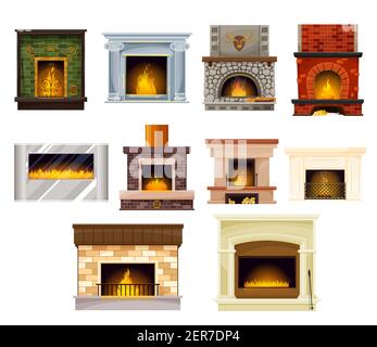 Camini domestici con cartone animato fuoco serie vettoriale di interior design. Stufe a legna, elettriche, a gas e a carbone con mattoni, pietra, acciaio e vetro Illustrazione Vettoriale