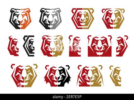 Icone grafiche testa tigre, cougar o leoness. Wildcat, leone o pantera vettore di faccia arrabbiata. Emblema geometrico con animale selvatico, testa tigre simmetrica v Illustrazione Vettoriale