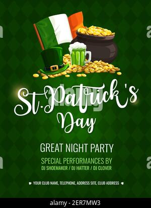 Poster vettoriale di St. Patrick Day con cappello, pinta di Ireland ale, pentola leprechaun con oro e bandiera nazionale irlandese. Scritta su tartan verde b Illustrazione Vettoriale