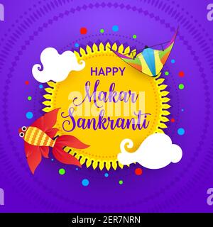 Striscione del festival Happy Makar Sankranti, biglietto d'auguri indiano Maghi con aquiloni colorati e sole. Nepal vendemmia e inverno solstice poster vacanza Illustrazione Vettoriale