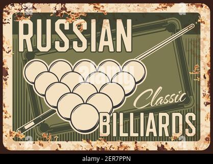 Biliardo russo piatto di metallo arrugginito, palline biliardo, vettore retro poster. Classico tavolo da biliardo russo e torneo con triangolo e c. Illustrazione Vettoriale