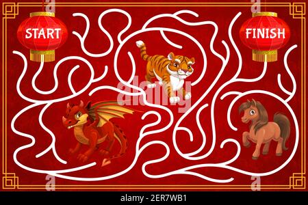 Labirinto per bambini, gioco di Capodanno per bambini con animali zodiaci cinesi. Trova modo gioco per bambini, labirinto labirinto o attività di gioco vacanza con carta orientale lan Illustrazione Vettoriale