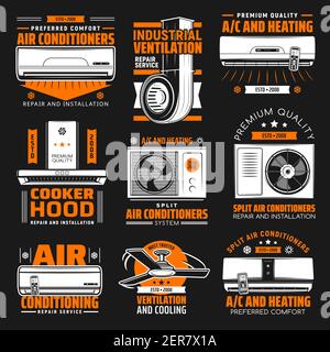 Installazione dell'aria condizionata e della ventilazione, riparazione degli emblemi di manutenzione. Unità condensatore split AC per interni ed esterni con telecomando, ventola da soffitto AN Illustrazione Vettoriale