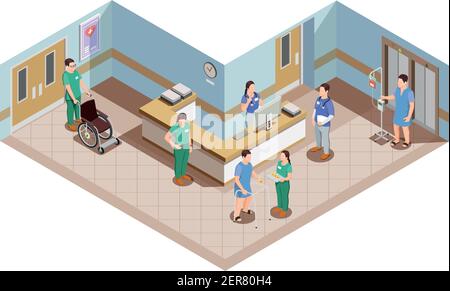 Composizione isometrica delle attrezzature mediche con interni e salute della lobby ospedaliera operatori sanitari in uniforme con i pazienti illustrazione vettoriale Illustrazione Vettoriale