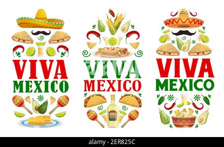 Bandiere messicane vettore di cibo di festa di Viva Messico fiesta. Cappelli sombrero, maracas, peperoncini rossi e tequila, tacos, burritos, nachos e a. Illustrazione Vettoriale