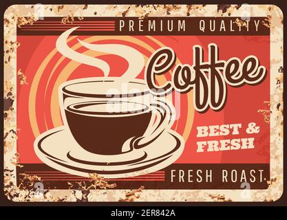 Tazzina da caffè a vapore con piastra metallica arrugginita vettoriale, tazza con vapore al piattino e simbolo di ruggine per bevande calde e fresche. Coffee House retro promo pos Illustrazione Vettoriale