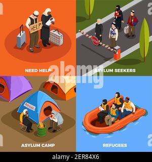 Rifugiati apolidi icone asilo concetto di design isometrico 2x2 con umano caratteri degli sfollati e illustrazione vettoriale di testo Illustrazione Vettoriale