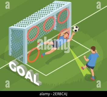 Calcio calcio composizione delle persone isometriche con il carattere umano del giocatore inserimento dell'obiettivo nella gabbia con illustrazione vettoriale del testo Illustrazione Vettoriale