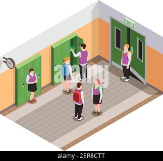 Composizione di persone isometriche delle scuole superiori con caratteri umani degli studenti in corridoio durante l'illustrazione del vettore di rottura Illustrazione Vettoriale