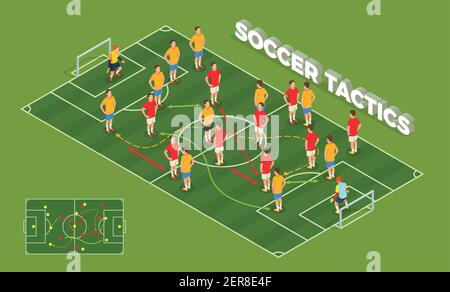 Calcio calcio composizione delle persone isometriche con immagine concettuale del parco giochi e giocatori di calcio con frecce colorate vettoriali illustrazione Illustrazione Vettoriale