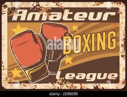 Boxe metallo piatto arrugginito, box sport e lotta club League vettore vintage poster retrò. MMA kickboxing, guanti da pugilato e stelle campione, amato Illustrazione Vettoriale