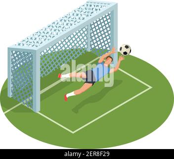 Calcio calcio composizione delle persone isometriche con immagini di gol gabbia corte e carattere umano dell'illustrazione vettoriale del portiere Illustrazione Vettoriale