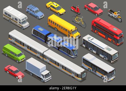 Collezione di icone isometriche di trasporto pubblico con immagini isolate di auto private biciclette e trasporto comunale illustrazione vettoriale Illustrazione Vettoriale