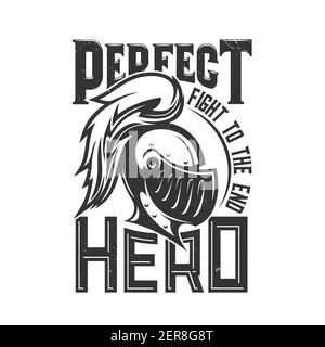 Stampa TShirt con mascotte vettoriale vista laterale testa a cavaliere. Abbigliamento mockup con gladiatore romano o greco. Casco da saldare o da guerriero con piumaggio e visiera, Illustrazione Vettoriale