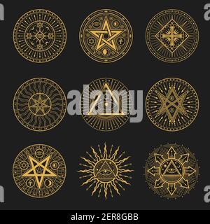 Segni occulti, occultismo, alchimia e simboli astrologici. Vettore religione sacra emblemi mistici occhio magico, piramide muraria, croce di caviglia egiziana, sole o. Illustrazione Vettoriale