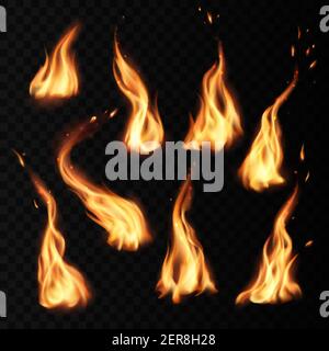 Fuoco fiamme che bruciano icone realistiche con scintille isolate su sfondo vettoriale trasparente. Fiamme di fuoco e calore di combustione o fuoco rosso acceso a. Illustrazione Vettoriale