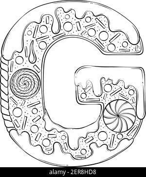 Lettera G. Gingerbread Cookies sotto forma di lettere. Font vettoriale cartoon realizzato in stile grafico a linee disegnate a mano isolato su sfondo bianco. Modello con logo per lettere. Disegno di libro di colorazione. Illustrazione Vettoriale