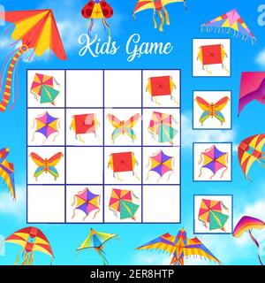 Crossword bambini o gioco logico con aquiloni di carta. Indovinello o puzzle per bambini, gioco educativo per bambini, libro di attività o foglio di lavoro. Aquilone colorato Illustrazione Vettoriale