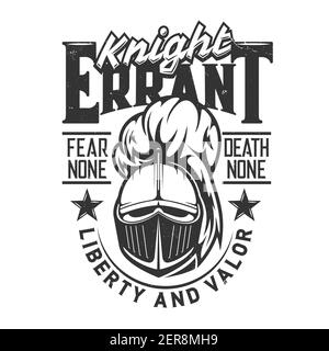 Stampa TShirt con mascotte vettoriale testa cavaliere per il design di abbigliamento, soldato romano o greco, guerriero medievale in casco con piumaggio e visiera vista frontale. Illustrazione Vettoriale