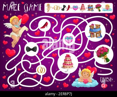 Labirinto di San Valentino per bambini con amours e attributi di matrimonio. Giochi educativi per bambini, attività di gioco. Cupido con lettera romantica, matrimonio ri Illustrazione Vettoriale