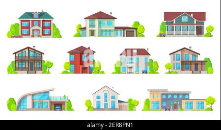 Case, ville e ville immobili palazzo icone. Bungalow di lusso, cottage moderno e casa contemporanea con facciata con portico, roo a passo Illustrazione Vettoriale
