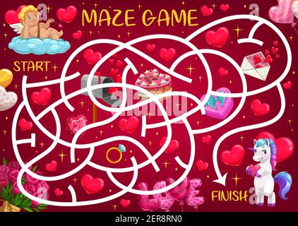 San Valentino labirinto per bambini con cupido, unicorno e regali romantici. Attività educativa di gioco per bambini, gioco labirintico. Cherubino su nuvola, amore le Illustrazione Vettoriale