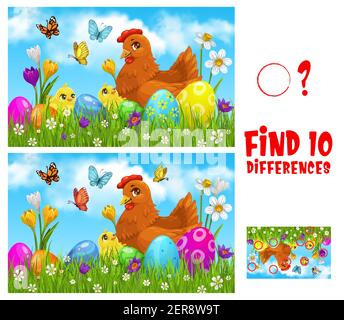 Giochi per bambini trovare dieci differenze con il vettore di Pasqua cartone animato pollo con pulcini carino sul prato verde primavera con uova decorate, fiori e farfalle Illustrazione Vettoriale