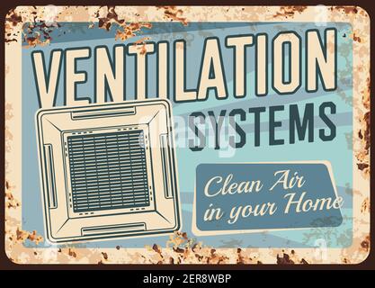 Sistemi di ventilazione piastre metalliche rustiche elettrodomestici per la pulizia dell'aria, poster vettoriale retrò. Condizionatori d'aria per uso domestico e industriale, ventilazione di raffreddamento Illustrazione Vettoriale