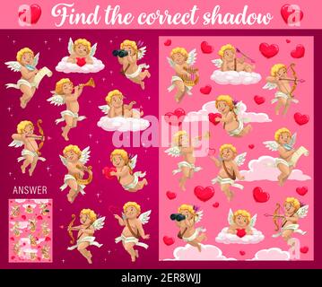 San Valentino bambino di vacanza trovare corretto gioco ombra con amours. Giochi per bambini con attività di corrispondenza, pagina del libro dei puzzle per bambini. Cupids personaggio con mu Illustrazione Vettoriale