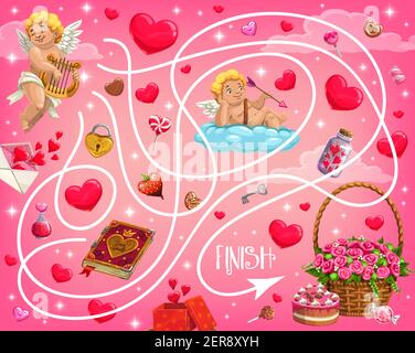 Festa di San Valentino labirinto per bambini con cherubini e cuori. Gioco labirinto bambini, attività di gioco bambini con trovare il modo di attività. Cupids, fiori Illustrazione Vettoriale