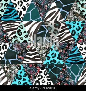 Imitazione trendy cucito pezzi triangolari di tessuto in stile patchwork. Acquerello disegno a mano moderno collage motivo senza giunture. Texture sicura con anim Foto Stock
