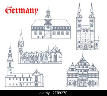 Germania edifici e icone di architettura, chiese tedesche e cattedrali, vettore. St Kilian kirche a Hoexter e Peterkirche a Soest Illustrazione Vettoriale