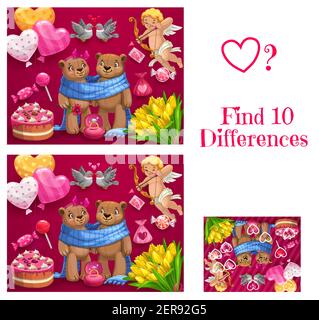 San Valentino bambino trovare dieci differenze gioco. I bambini giocano attività con spotting task, puzzle educativo per bambini. Porta giocattoli di coppia, Cupido s. Illustrazione Vettoriale