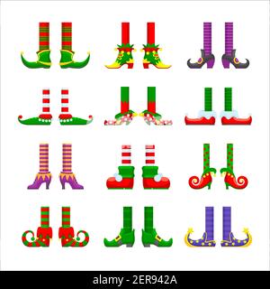Cartoon elves gambe vettore icone set, natale o san patrizio elementi di carattere giorno. Simpatico piedi divertenti in scarpe nosy e stoking a righe. Santa helpe Illustrazione Vettoriale
