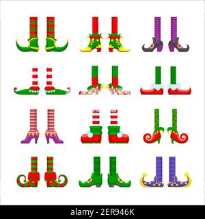Cartoon elves gambe vettore icone set, natale o san patrizio elementi di carattere giorno. Simpatico piedi divertenti in scarpe nosy e stoking a righe. Santa helpe Illustrazione Vettoriale