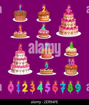 Candele su torte di compleanno con numeri di età da uno a dieci icone  vettoriali isolate. Buon compleanno festa per bambini. Cupcakes e candela  colorata Immagine e Vettoriale - Alamy