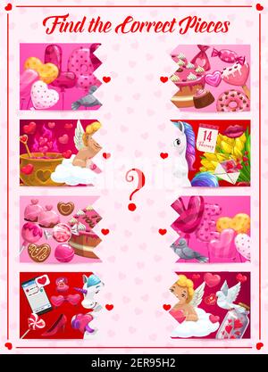 I bambini trovano il gioco corretto dei pezzi con i simboli di San Valentino. Gioco di puzzle per bambini, attività di gioco con attività di corrispondenza. Dolci per le vacanze, palloncini e Illustrazione Vettoriale