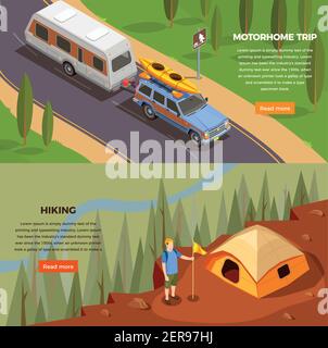 Camping escursionismo icone isometriche banner orizzontali set con per saperne di più pulsante testo modificabile e immagini di viaggio illustrazione vettoriale Illustrazione Vettoriale