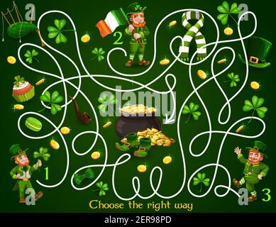 Giochi di labirinto per bambini con leprechauns e oggetti natalizi del giorno di st Patricks. Puzzle labirinto vettore scegliere il modo corretto gioco da tavolo. Attività con percorso aggrovigliato, clov Illustrazione Vettoriale